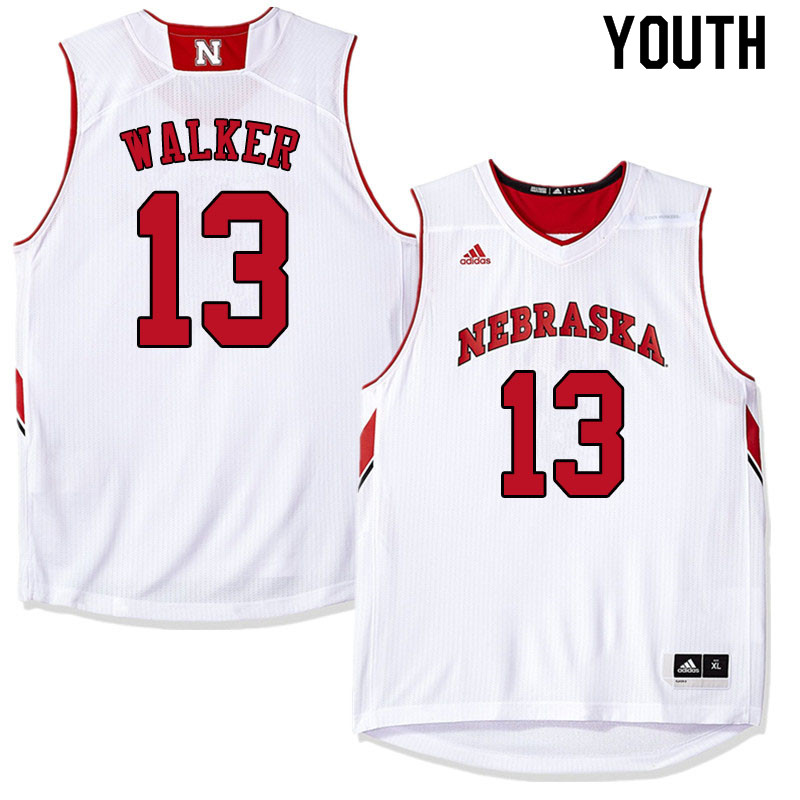 Youth #13 Derrick Walker Nebraska Cornhuskers College Basketball Jerseys Sale-White - Click Image to Close